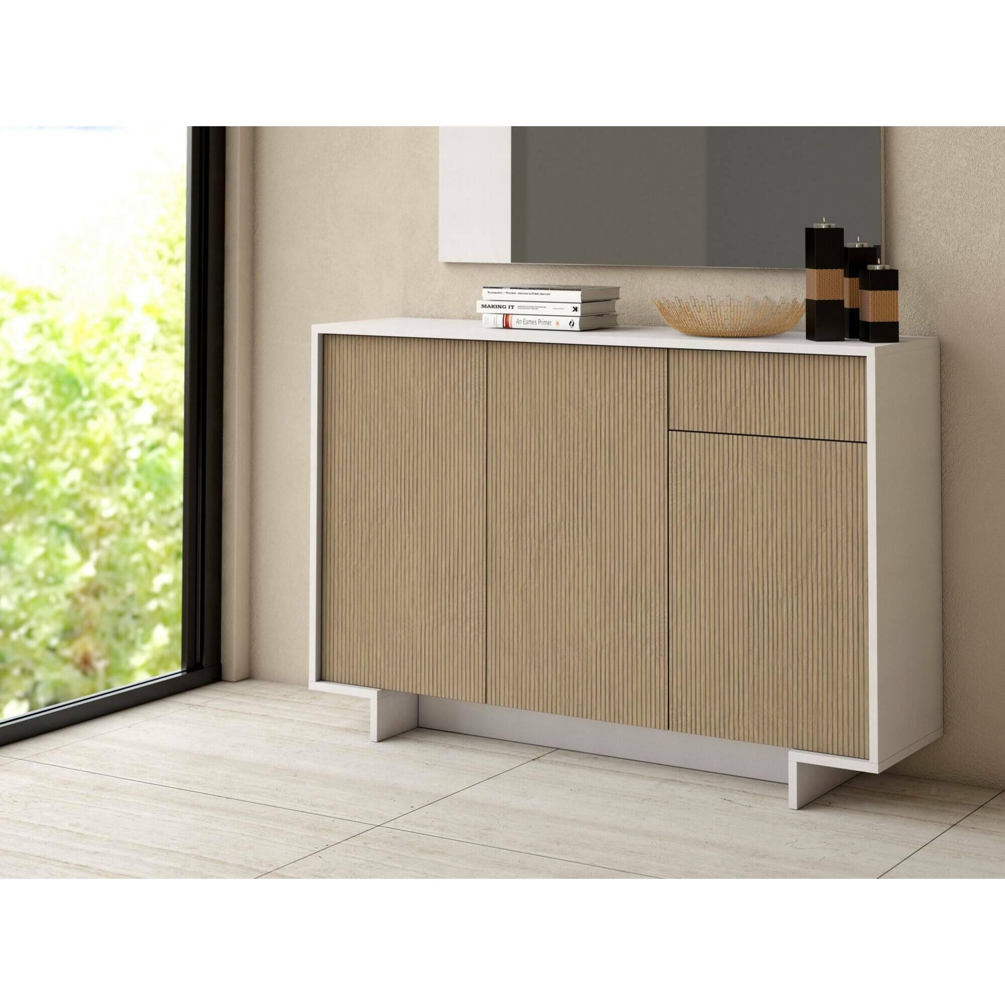 Credenza Dbakayok, Madia da salotto, Buffet da soggiorno a 3 ante e 1 cassetto, 100% Made in Italy, 134x35h87 cm, Bianco e Beige