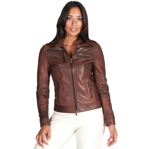 Giacca biker in pelle naturale marrone effetto liscio