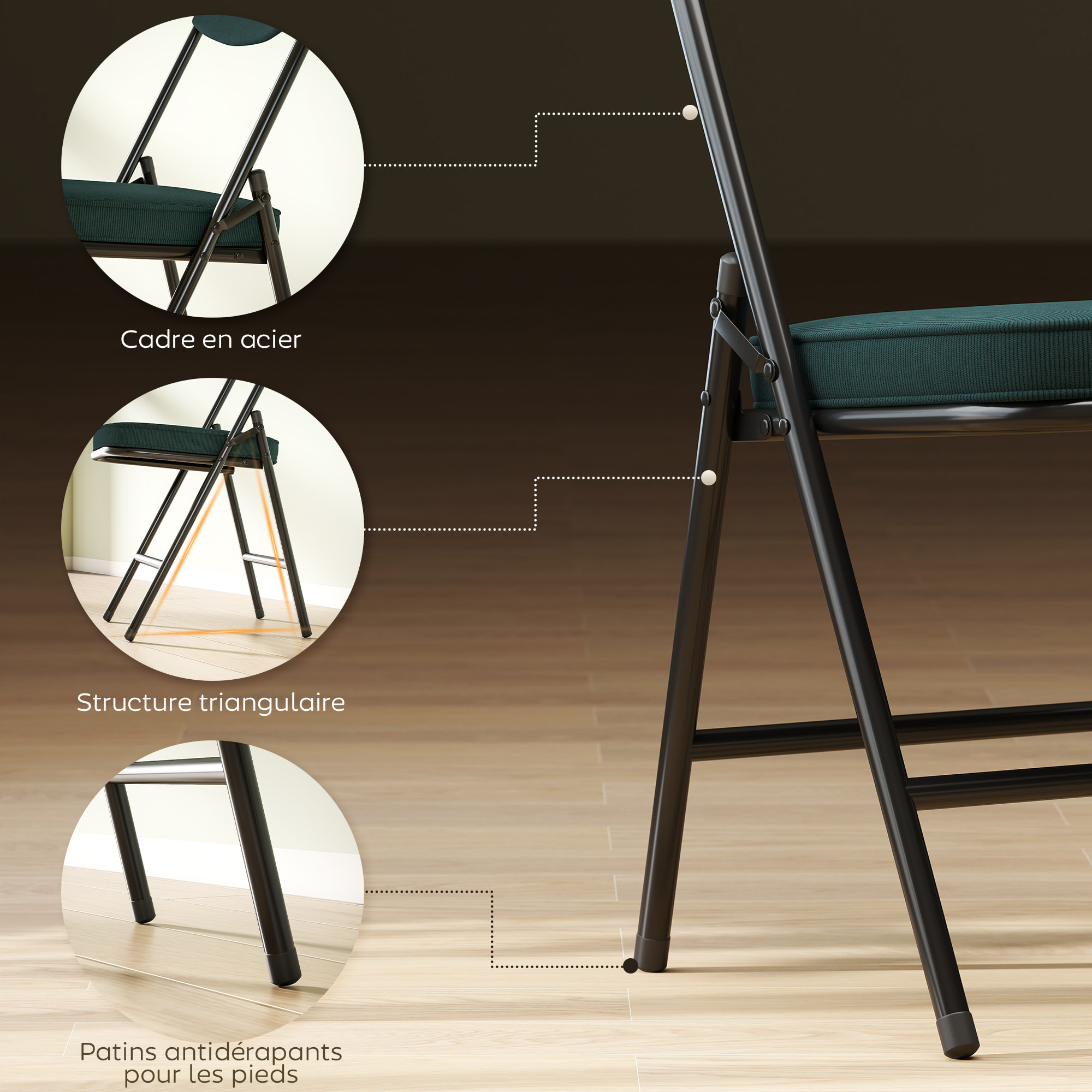 Lot de 4 chaises pliantes acier velours côtelé turquoise foncé