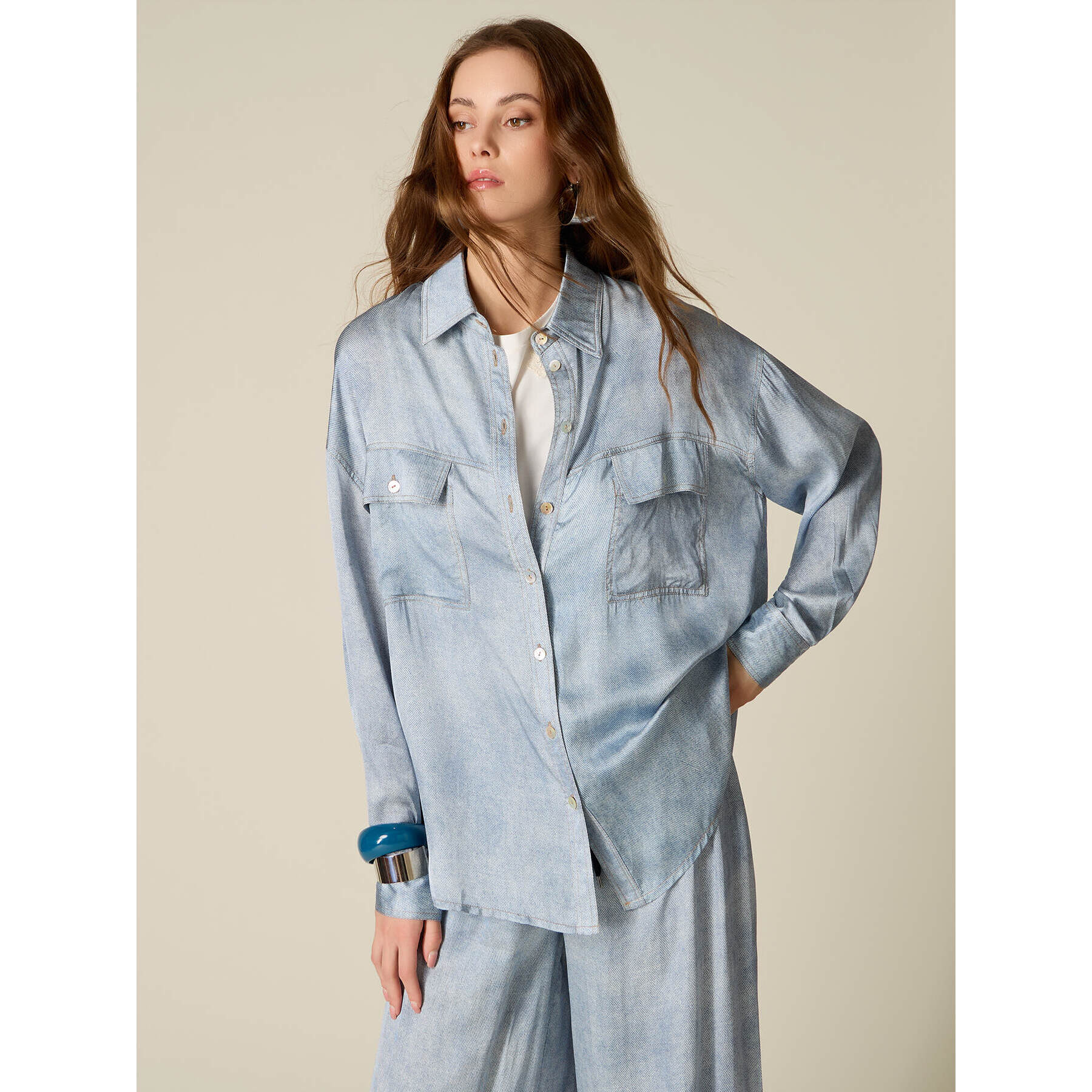 Oltre - Camisa oversize de raso efecto denim - Light - blue
