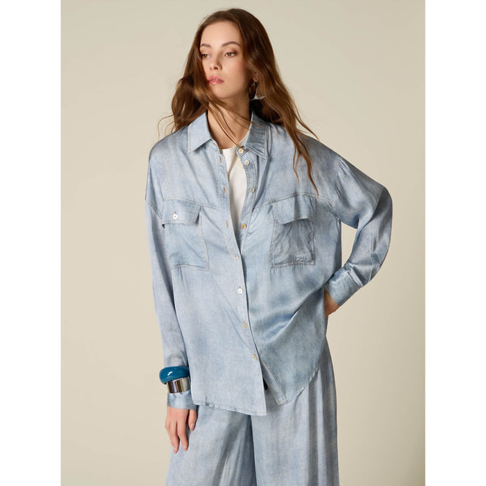 Oltre - Camisa oversize de raso efecto denim - Light - blue