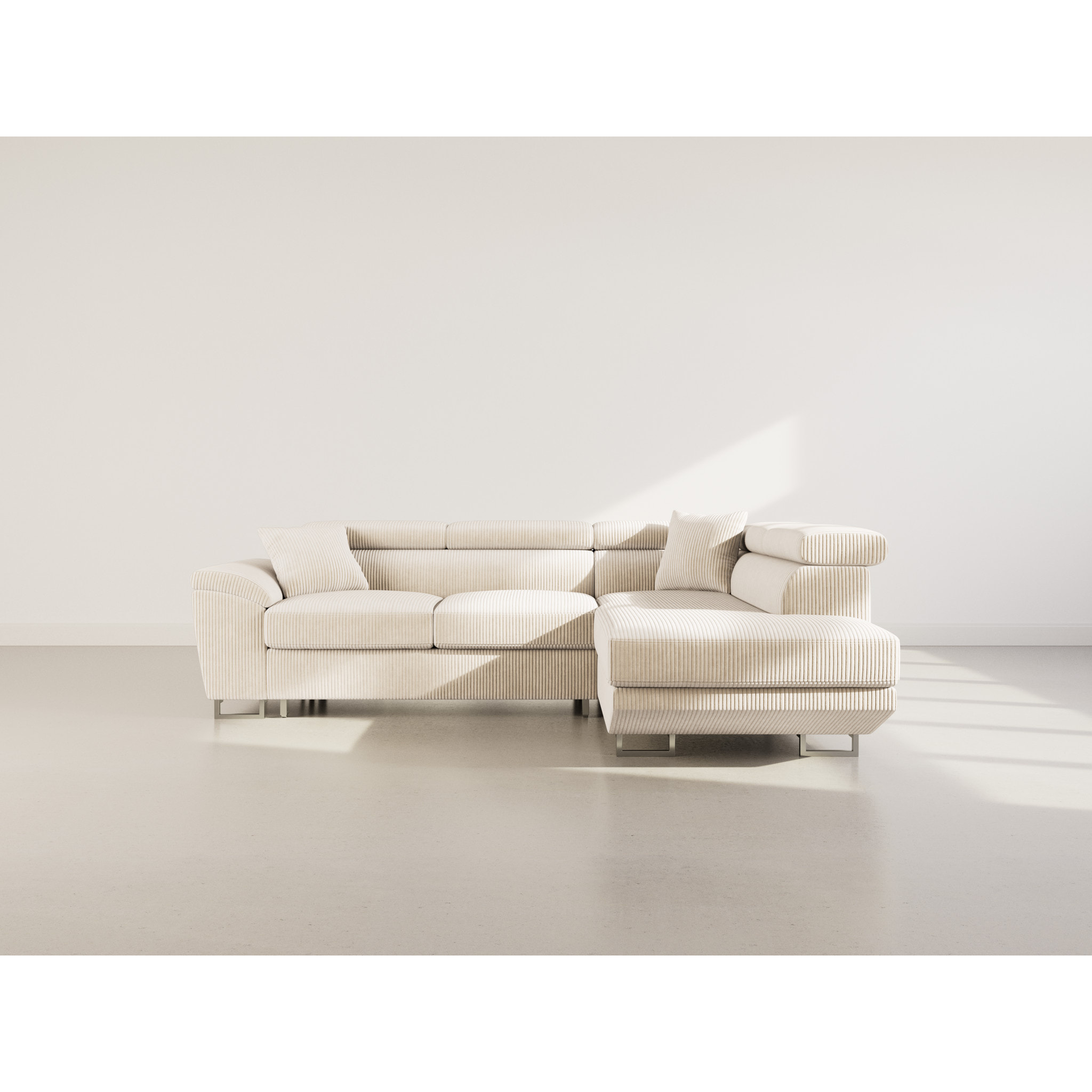 Baoji - Canapé d'angle droit 5 places convertible avec têtières et coffre en velours côtelé - Beige