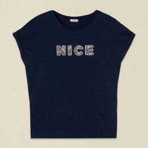 Oltre - T-shirt in cotone con patch gioiello - Blu