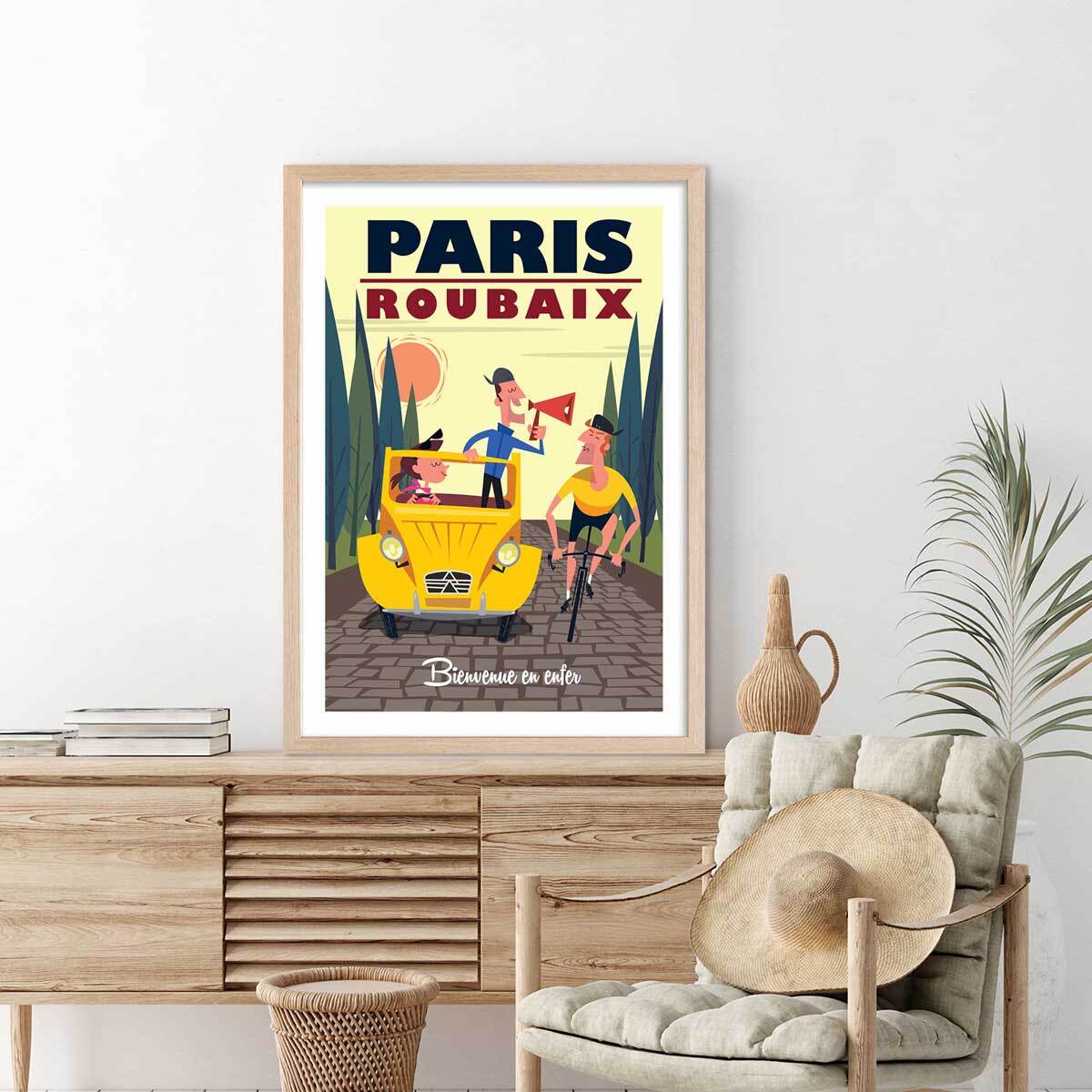 Affiche Course Paris - Roubaix Affiche + cadre en bois - Chêne