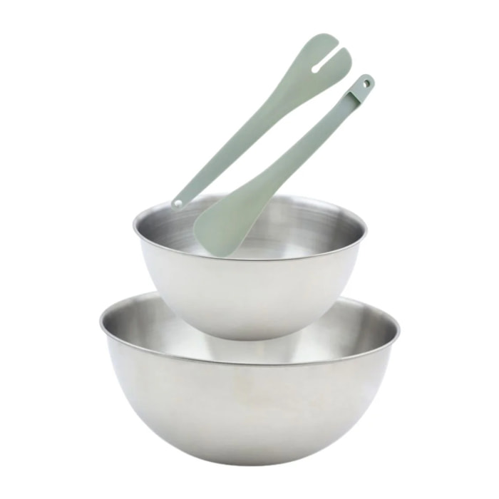 Set de 2 Saladiers en inox de 20,5 cm et 25 cm de diamètre et couverts à salade en plastique Fackelmann