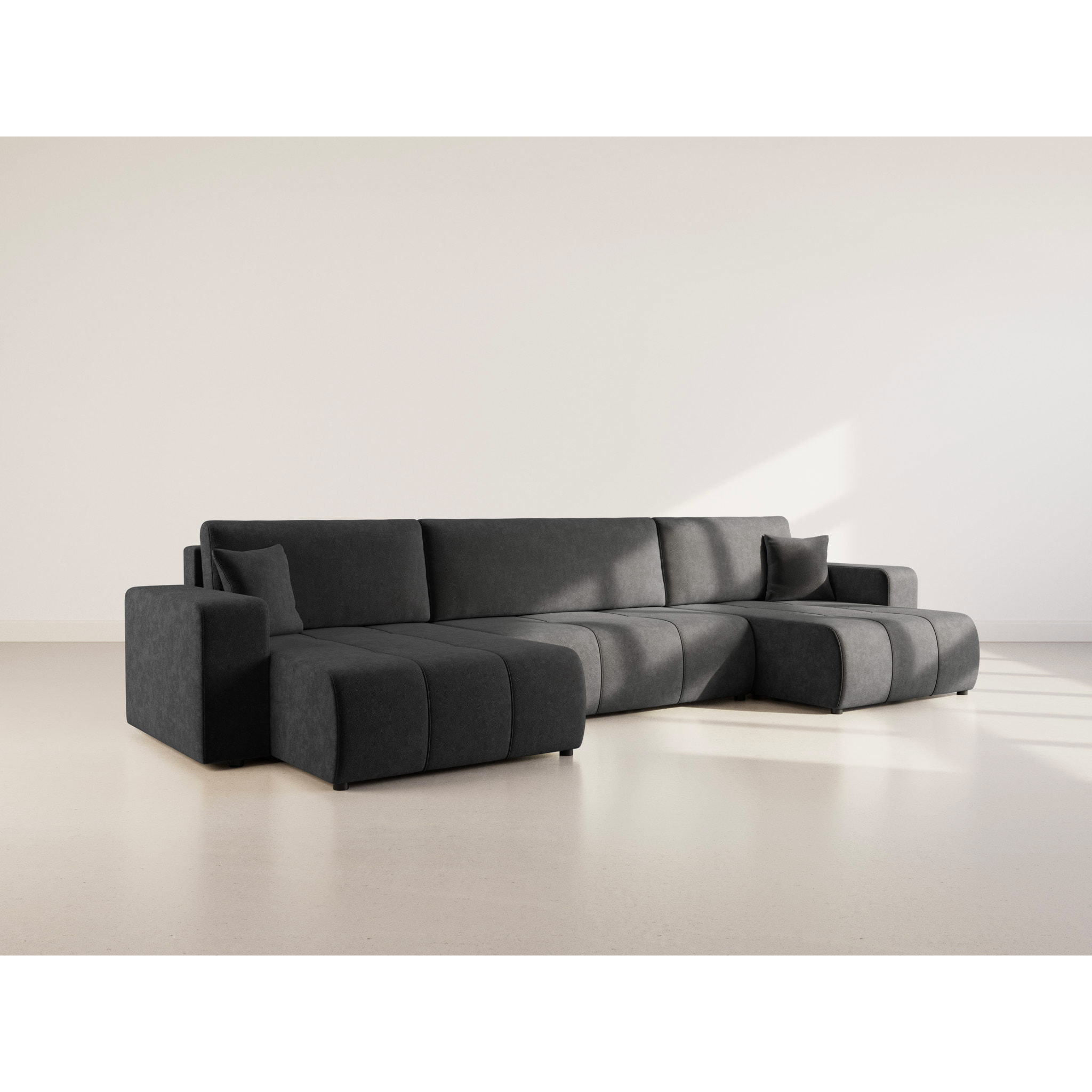 Nicole - Canapé panoramique en U 7 places convertible avec coffre en tissu - Gris Anthracite