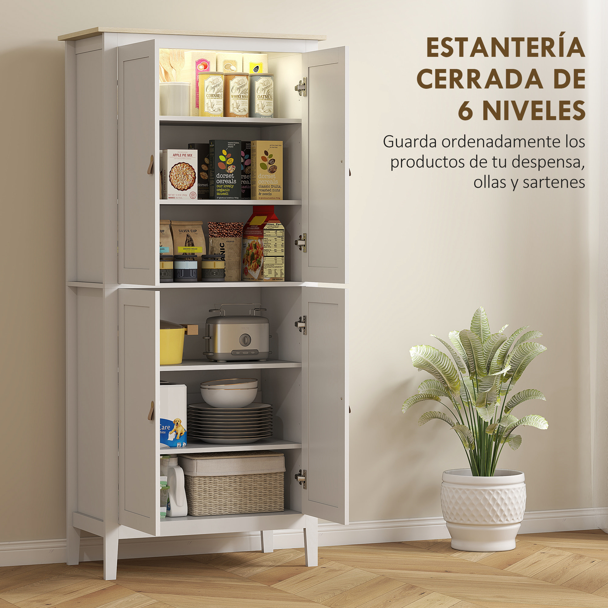 Alacena de Cocina Alta con Luz LED Sensor de Movimiento, Mueble Auxiliar de Cocina con Iluminación Regulable en 3 Colores, 4 Puertas y Estantes Ajustables, Blanco