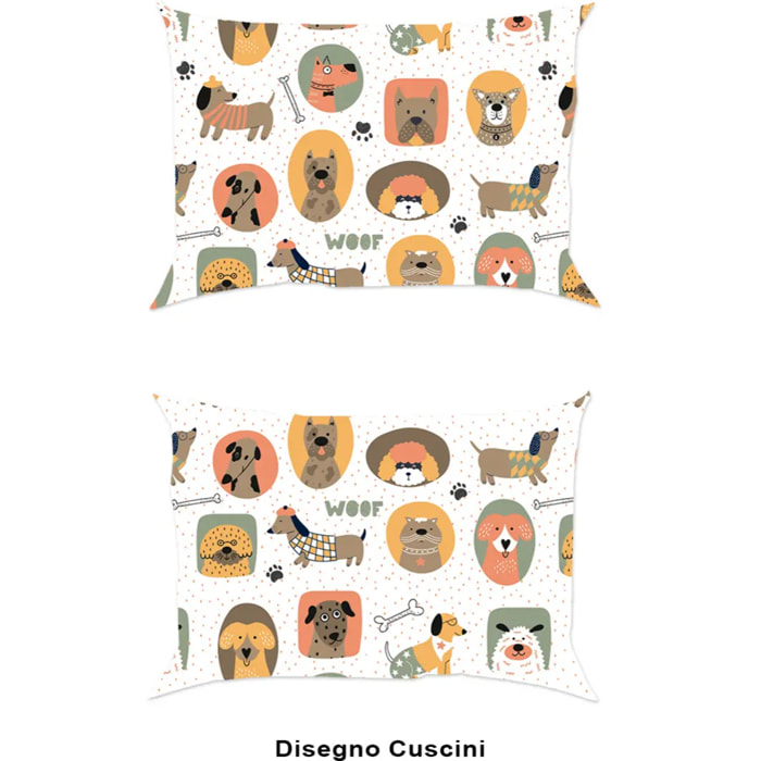 Coppia Federe per cuscini letto CANI 100% Flanella e Made in Italy fumetto cuccioli cani