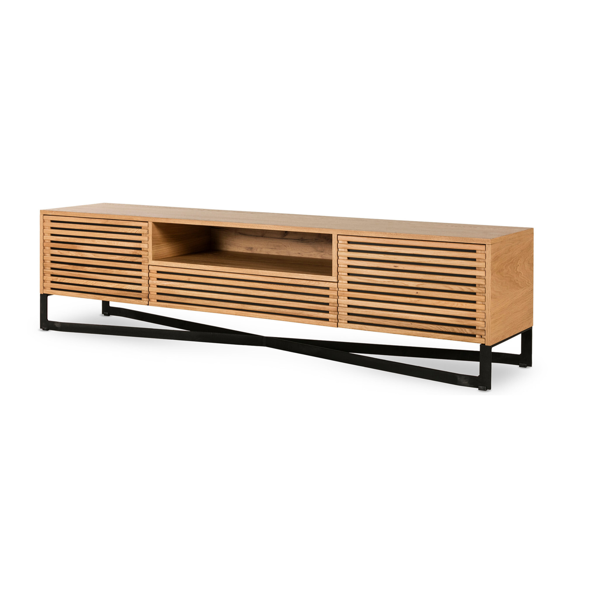 Medellin - meuble TV - bois et noir - 2 portes, 1 tiroir et 1 niche - 200 cm - Bois / Noir