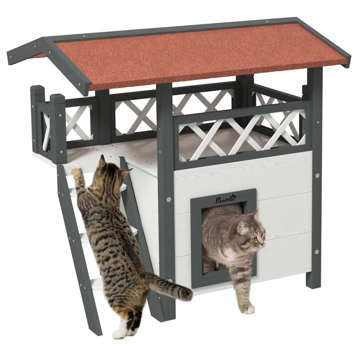 Casa para Gatos de Madera 77x50x73 cm Caseta para Gatos de 2 Niveles Refugio para Gatos con Techo Asfáltico Escalera y Balcón para Exterior Blanco