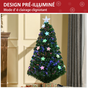 Sapin de Noël artificiel lumineux fibre optique LED multicolore + support pied Ø 60 x 120H cm 130 branches étoile sommet brillante vert