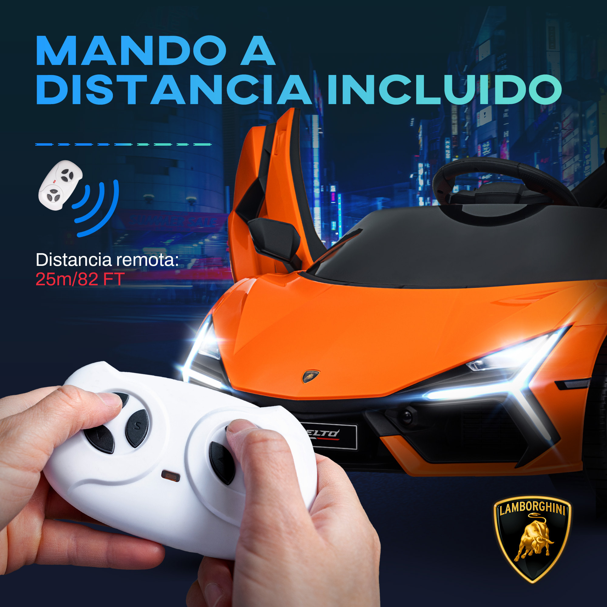 Coche Eléctrico para Niños de +3 Años Lamborghini Revuelto Carro Eléctrico Infantil con Batería 12V Mando a Distancia Faros LED Bocina Música y Ruedas Auxiliares Naranja