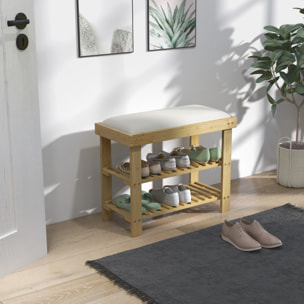 Banc à chaussures style scandinave 3 niveaux bambou bois naturel blanc cassé