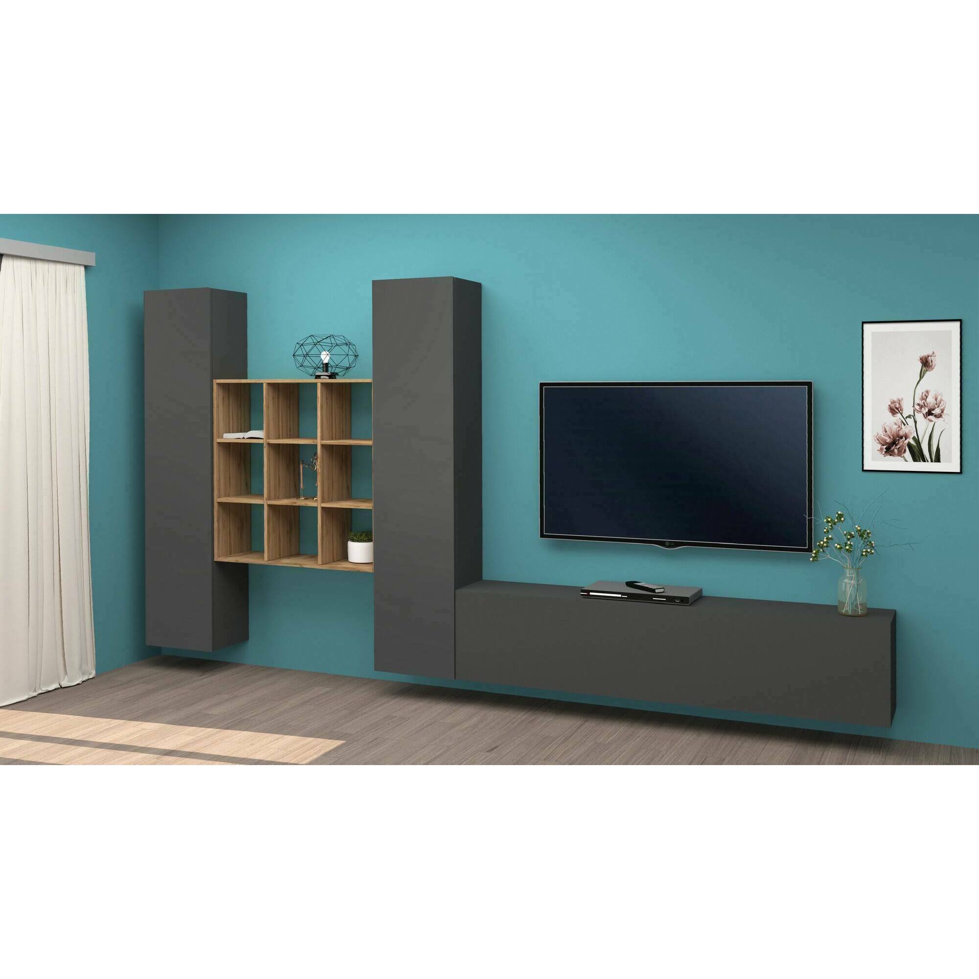 Parete attrezzata Denis, Set salotto porta TV a 3 ante, Mobile soggiorno multiuso, 100% Made in Italy, cm 270x30h180, Antracite e Acero