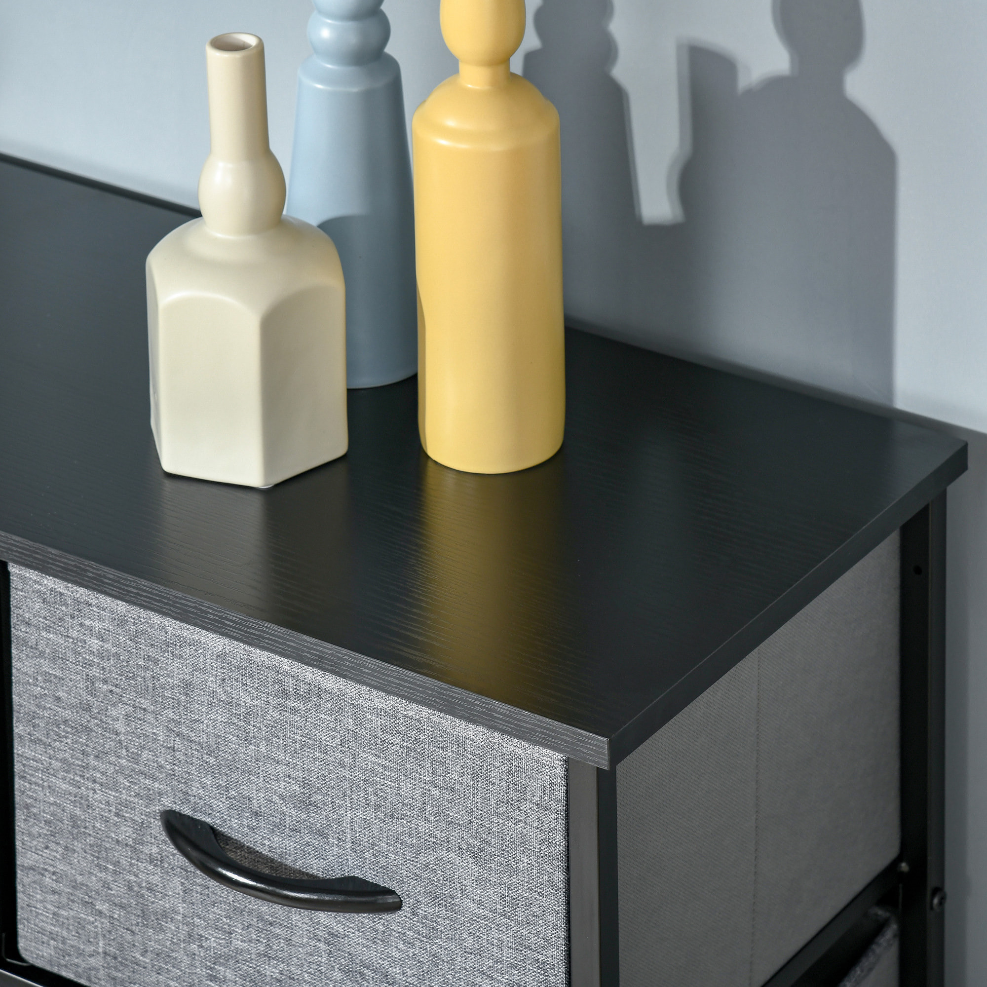 Meuble de rangement commode 9 tiroirs plateau acier MDF non tissé noir gris