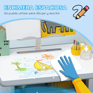 Juego de Escritorio y Silla para Niños de 6-12 Años Pupitre Infantil Altura Ajustable con 1 Cajón 1 Ranura para Lápiz y 1 Estante para Libros Acero 60x45x90-102 cm Gris