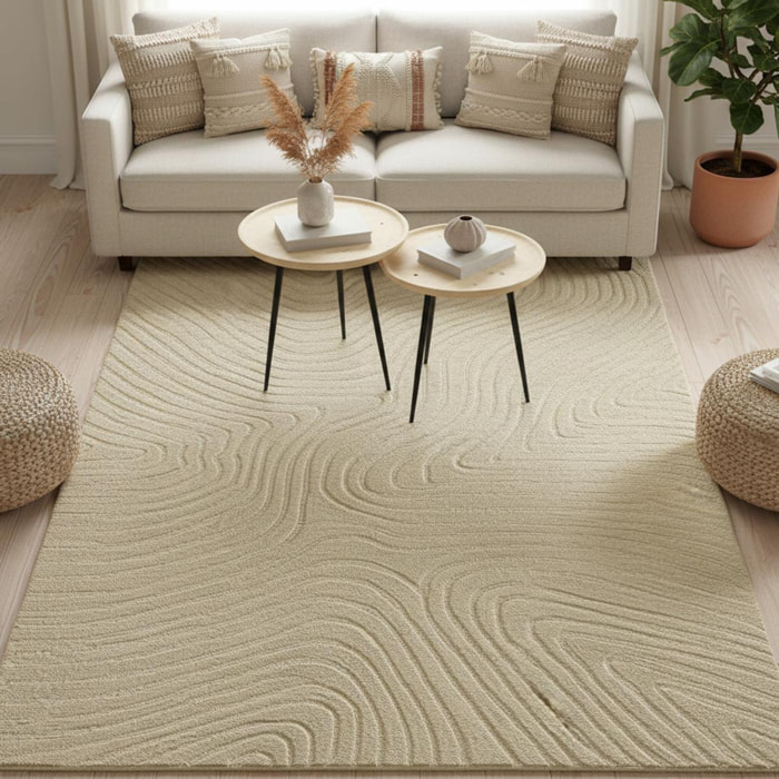 Tapis Salon 160 x 230 cm Beige, Laine chaleureuse, VYTA, motif abstrait en relief, design graphique