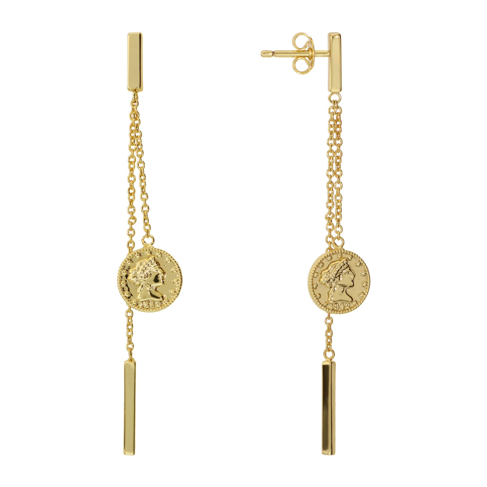 Orecchini Pendenti Doppio Filo Graduato con Moneta