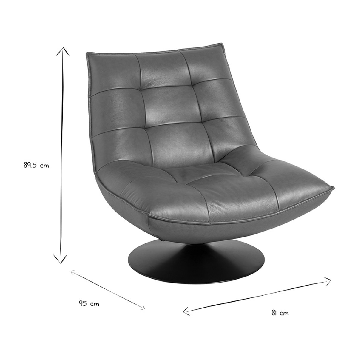 Fauteuil pivotant en cuir marron et métal noir HUXLEY