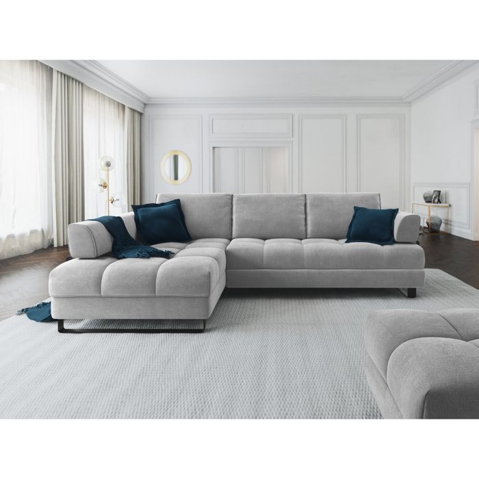 Canapé d'angle gauche convertible avec coffre de rangement "Clinton" 5 places en velours gris clair