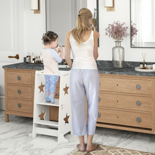 Torre de Aprendizaje 2 en 1 Taburete de Aprendizaje para Niños de +3 Años Convertible en Mesa y Silla con Barra de Seguridad 60x44,5x86 cm Blanco