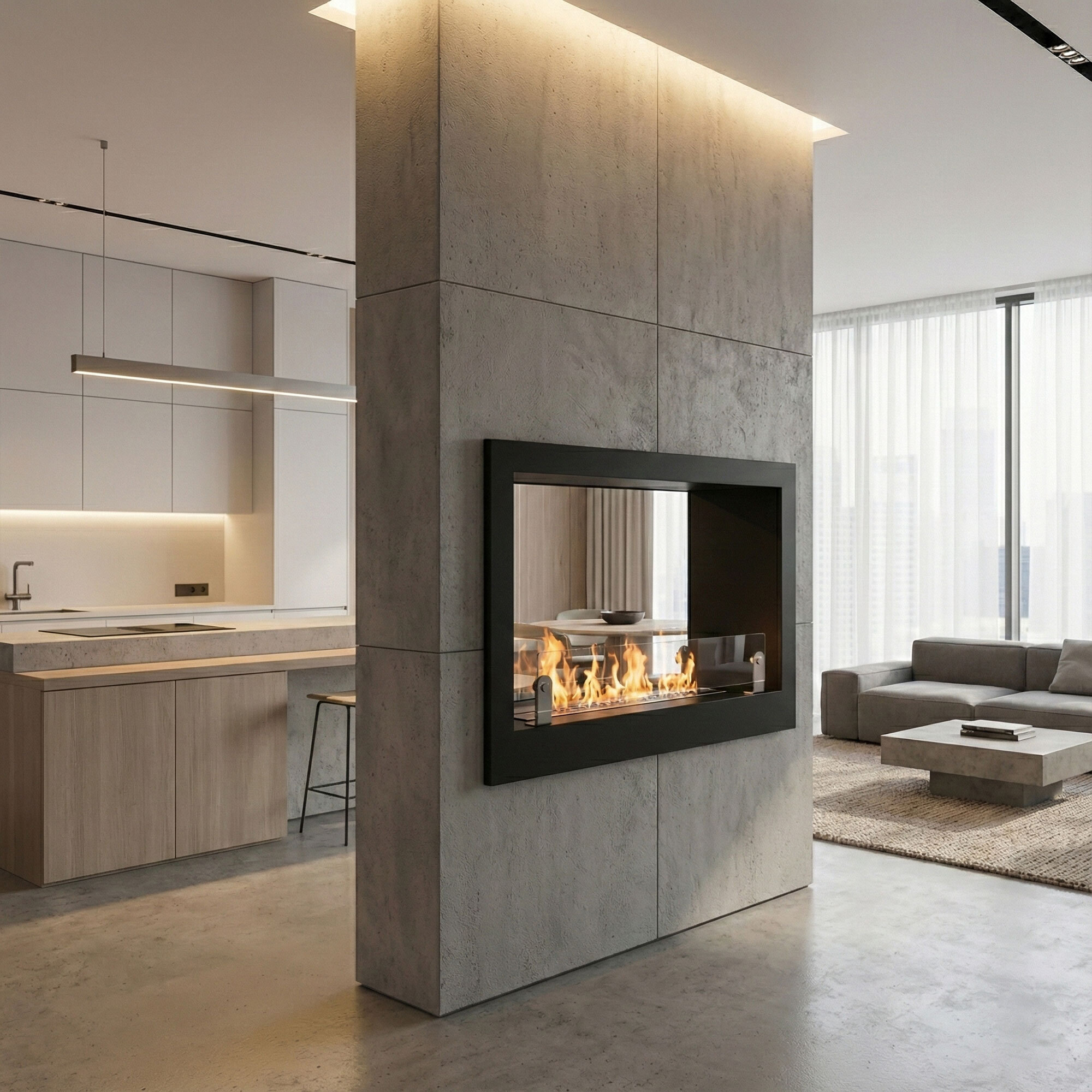 Massenzio - Camino a Bioetanolo da Incasso Bifacciale 90x55x30 cm con Bruciatore 2,3 Litri Nero