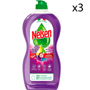 3x Nelsen Detersivo Liquido Extra Sgrassante 5 Azioni all'Aceto e Lavanda per Piatti - 3 Flaconi da 900ml