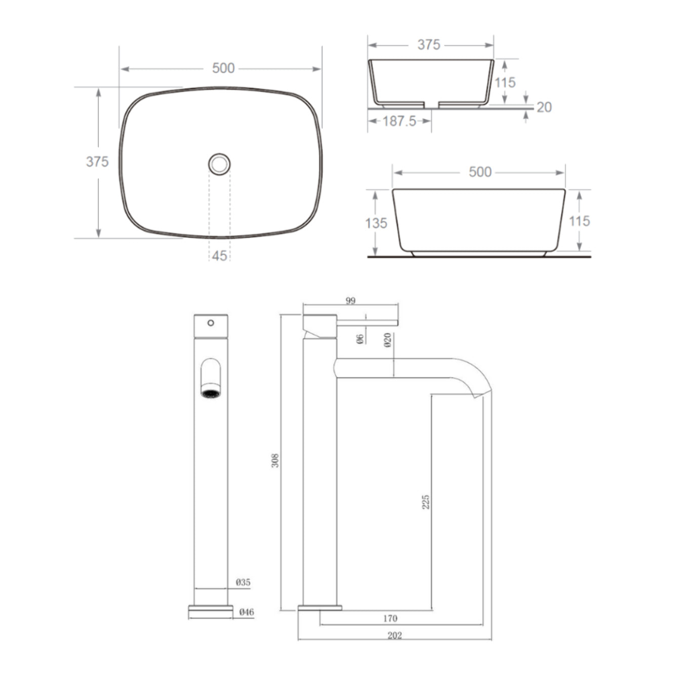 Aurum mitigeur lavabo 30,8 cm inox + Ceramia PixL 50 x 37,5 x 13,5 cm vasque à poser, sans trop plein, blanc (SAT285BGCEPX4937)