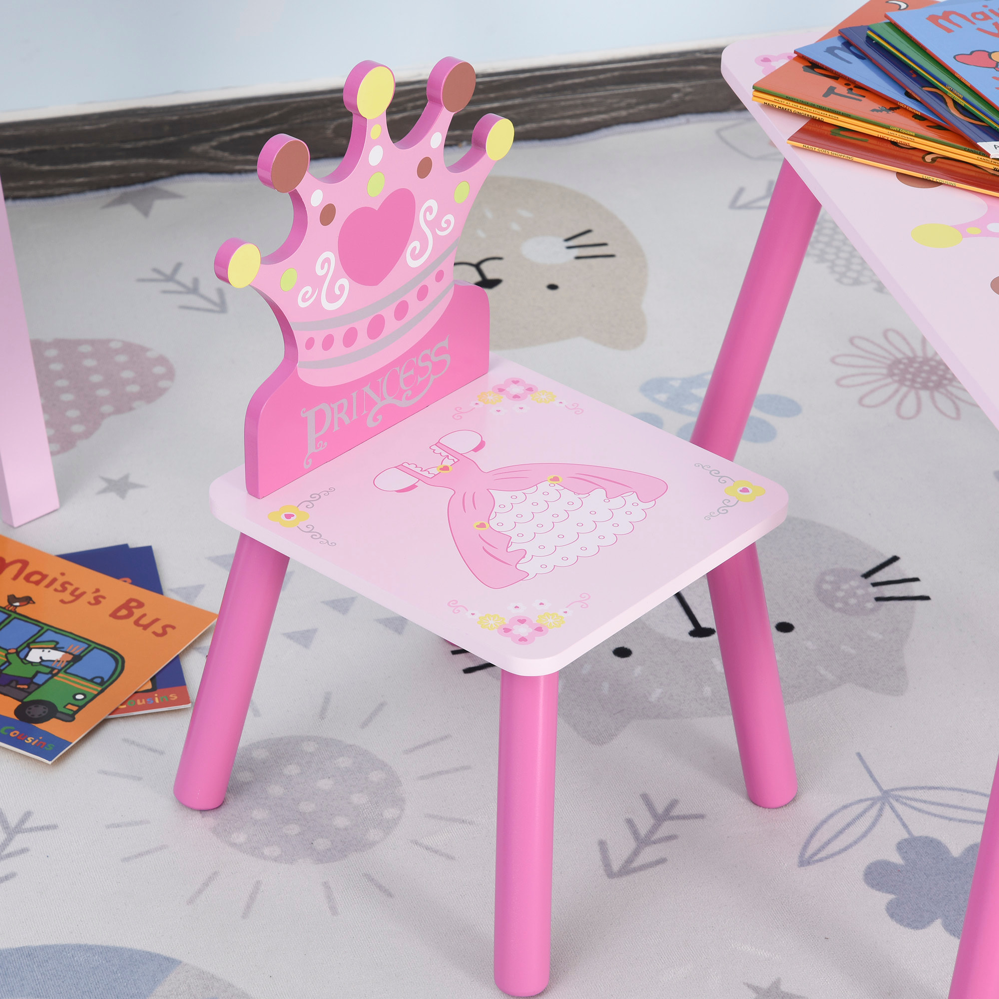 Ensemble table et chaises enfant design princesse motif couronne bois pin MDF rose