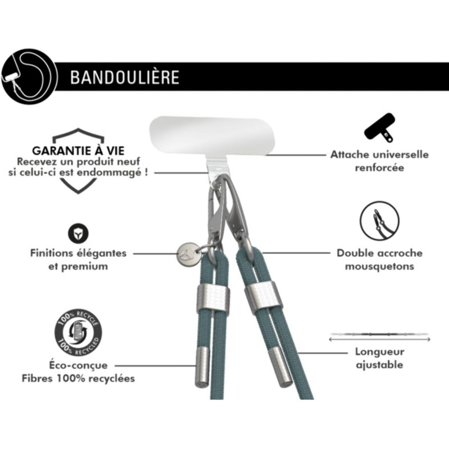 Bandoulière FORCE CASE Cordon Verte détails silver