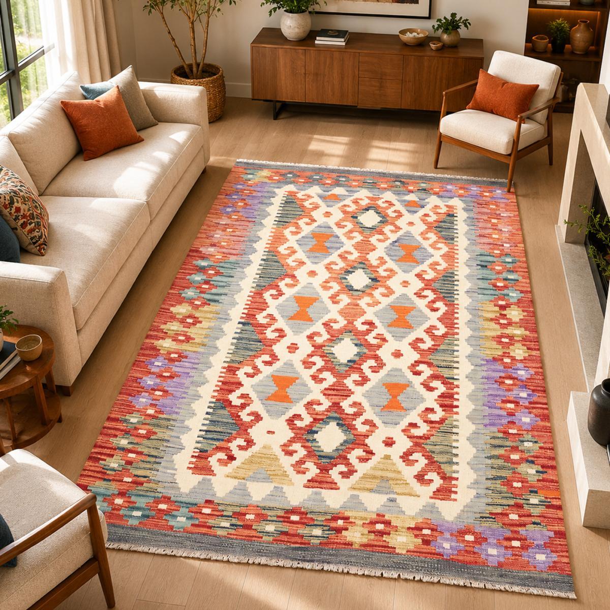 Tapis kilim ethnique au motif tribal, tissé plat en laine, OZOZAVE