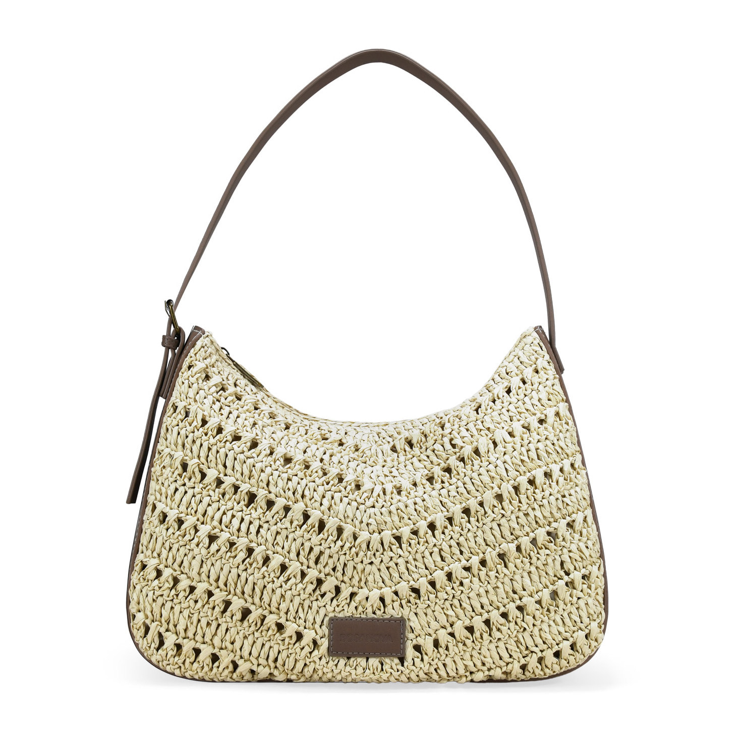 Bolso de hombro beige en rafia con hebilla