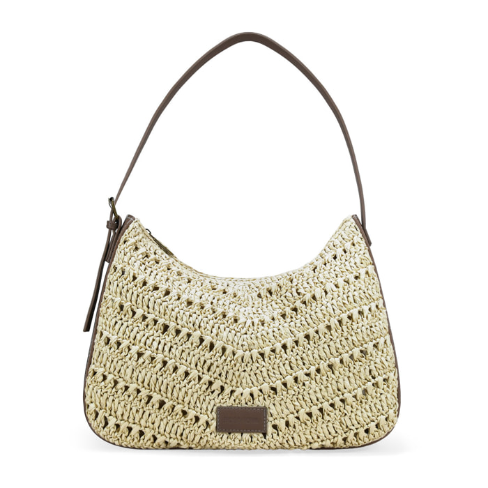 Bolso de hombro beige en rafia con hebilla