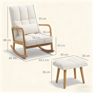 Silla Mecedora con Reposapiés, Sillón de Relax Tapizado en Bouclé con Cojín Acolchado, Respaldo Ergonómico, Reposabrazos y Patas de Madera, Carga 120 kg, para Salón, Dormitorio, Blanco