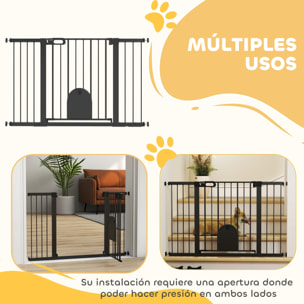 Barrera de Seguridad para Perros Extensible 75-131 cm, para Puertas y Escaleras, Barrera para Perros con Puerta Pequeña, 3 Extensiones, Montaje a Presión y Doble Bloqueo, Negro