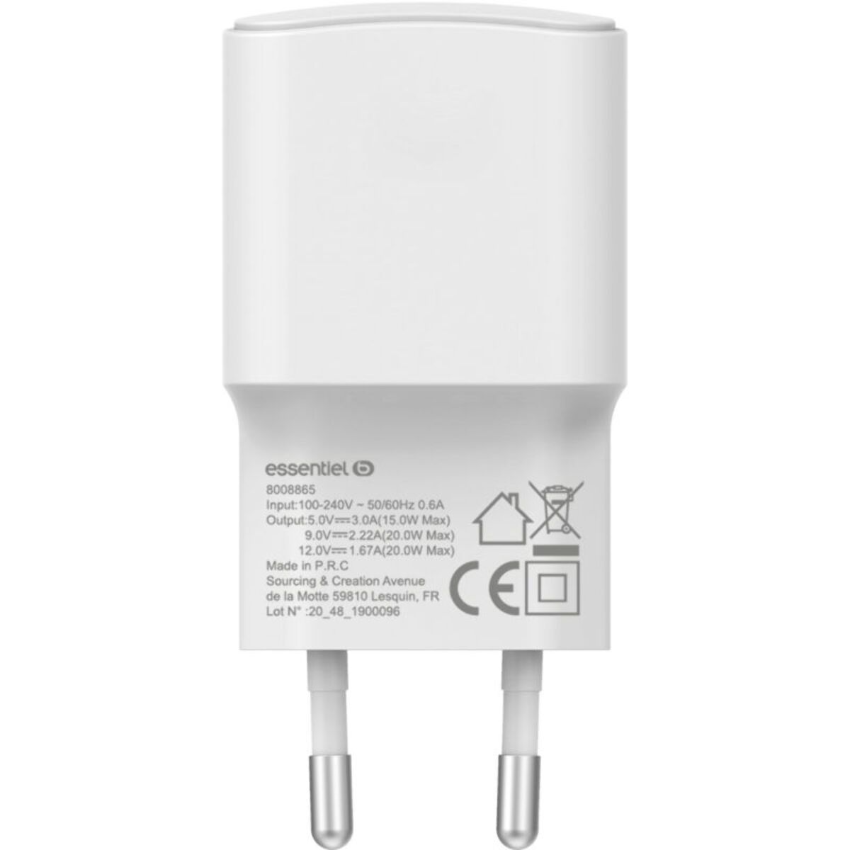 Chargeur USB C ESSENTIELB 20W blanc