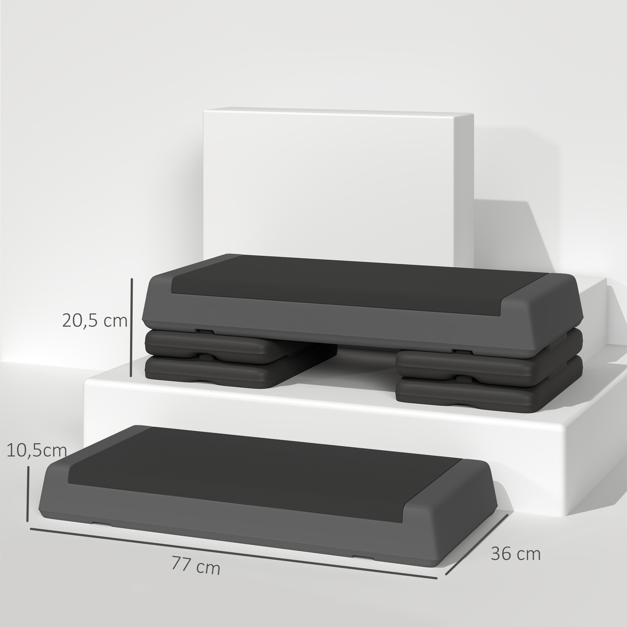 Step de Aeróbic, Step para Fitness Antideslizante, Altura Regulable 3 Niveles de 10,5/15,5/20,5 cm, Carga 250 kg, para Ejercicio en Casa, Gimnasio, 77x36x20,5 cm, Gris y Negro