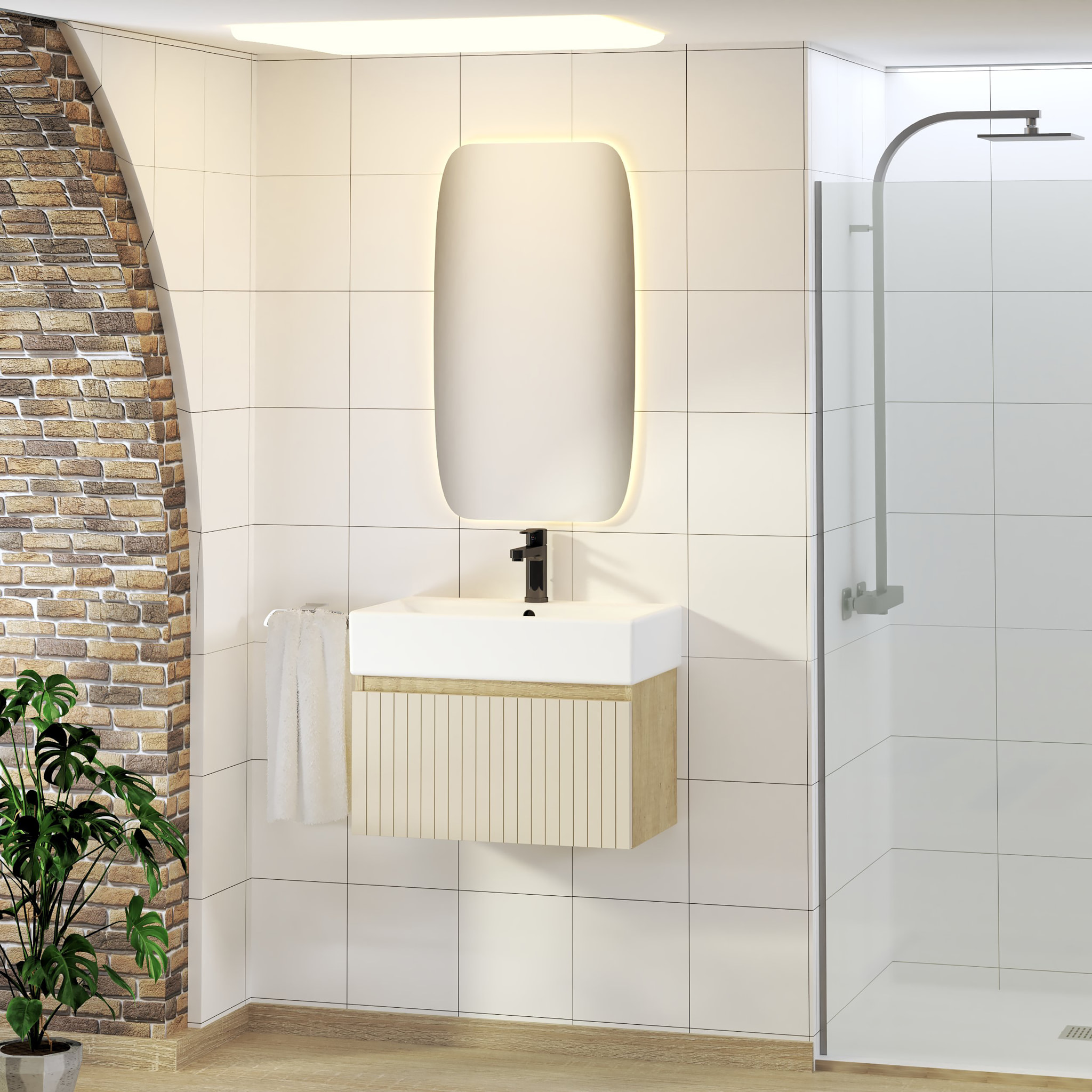 Conjunto de Baño Zel | Mueble Suspendido | 60 cm Glaciar | Un Cajón | Lavabo Encastrado | No incluye Espejo | Mueble Montado| Alday