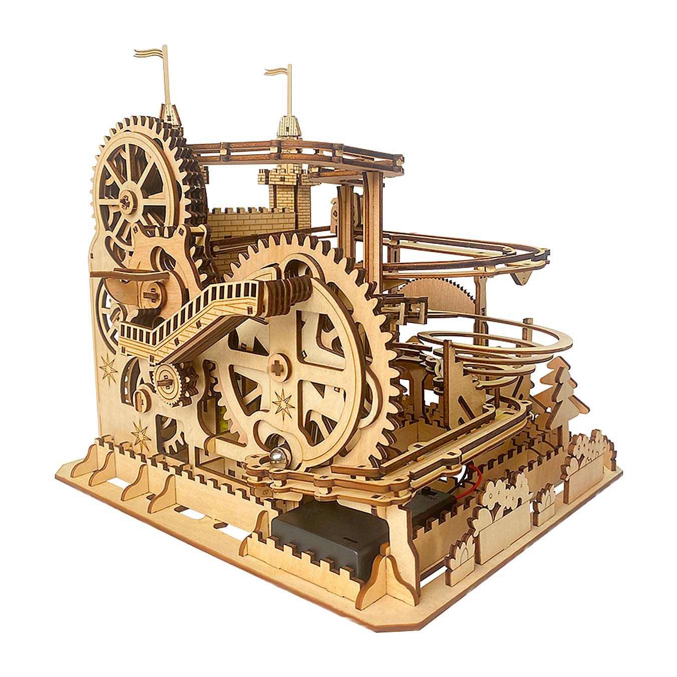 Maqueta de Madera 3D, con movimiento mecánico diseño de Pista de bolas Castillo. 400 piezas.