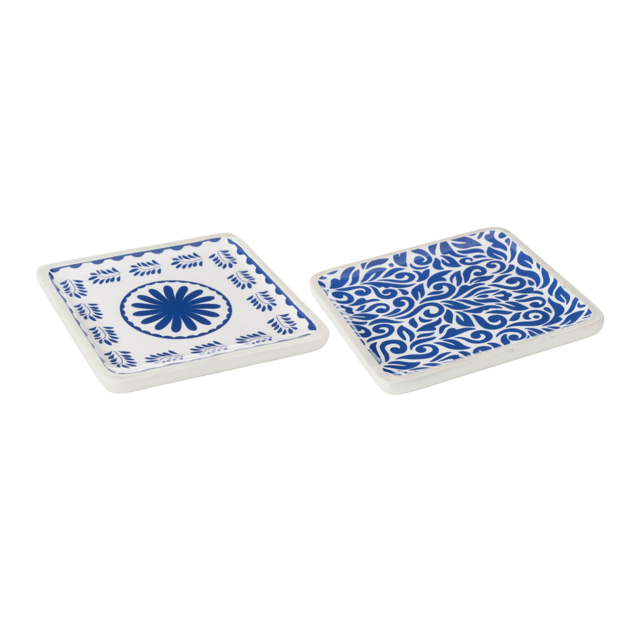 J-Line Plat Carre Motif Floral Bois De Manguier Bleu/Blanc Assortiment De 2