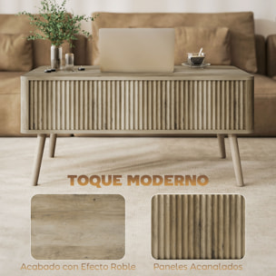 Mesa de Centro Elevable, Mesa de Café para Salón, Comedor, con Compartimentos Ocultos de Almacenaje y Patas de Pino, 91x56-80,5x43-57,5 cm, Roble