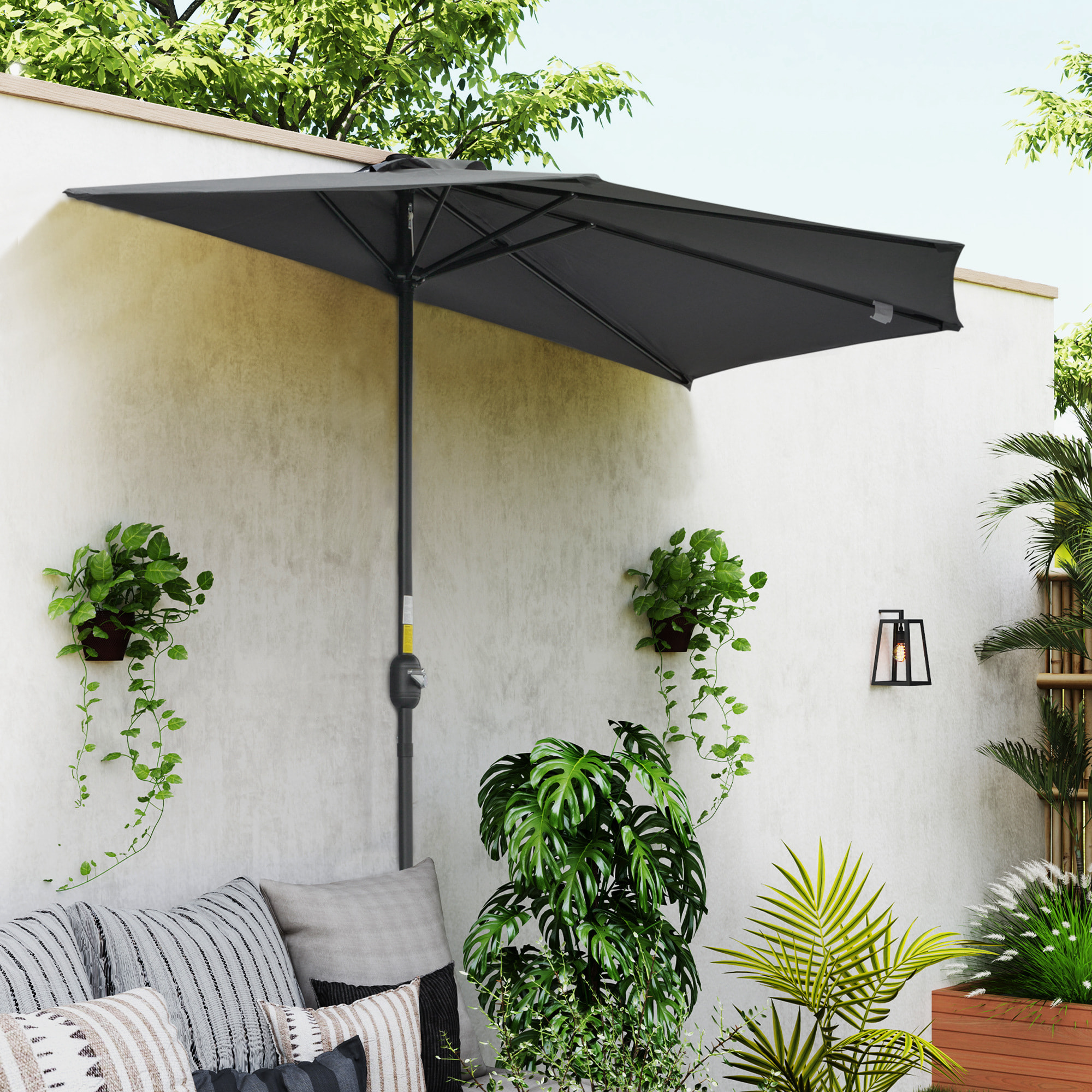 Demi parasol - parasol de balcon 5 entretoises métal - 2,93 x 1,5 x 2,49 m - polyester haute densité gris