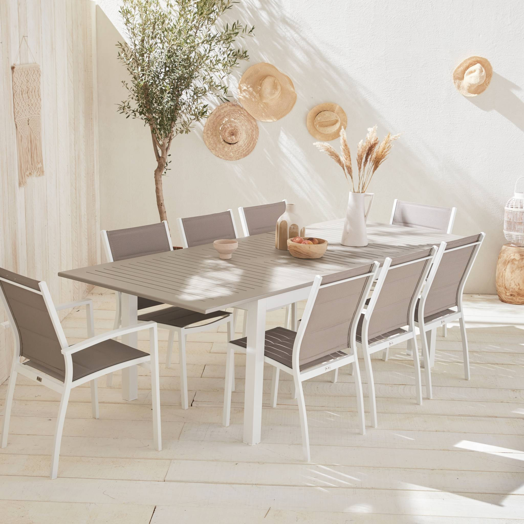 Table de jardin extensible aluminium + 8 assises - Chicago Blanc / Taupe - Table extensible 175/245cm avec rallonge et 8 assises en textilène