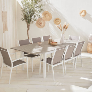 Table de jardin extensible aluminium + 8 assises - Chicago Blanc / Taupe - Table extensible 175/245cm avec rallonge et 8 assises en textilène