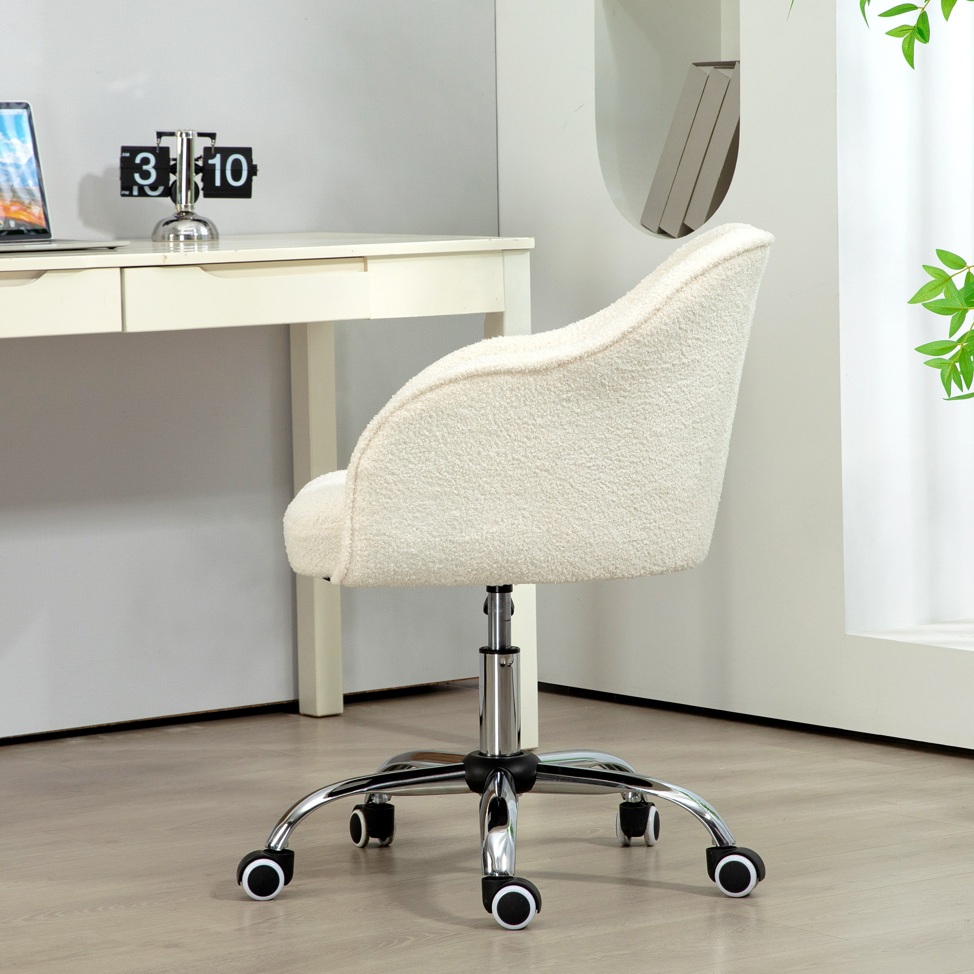 Chaise de bureau tissu bouclette design hauteur réglable pivotante piètement acier crème