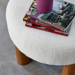 Tabouret pouf. pieds en bois d'hévéa et tissu bouclette. blanc