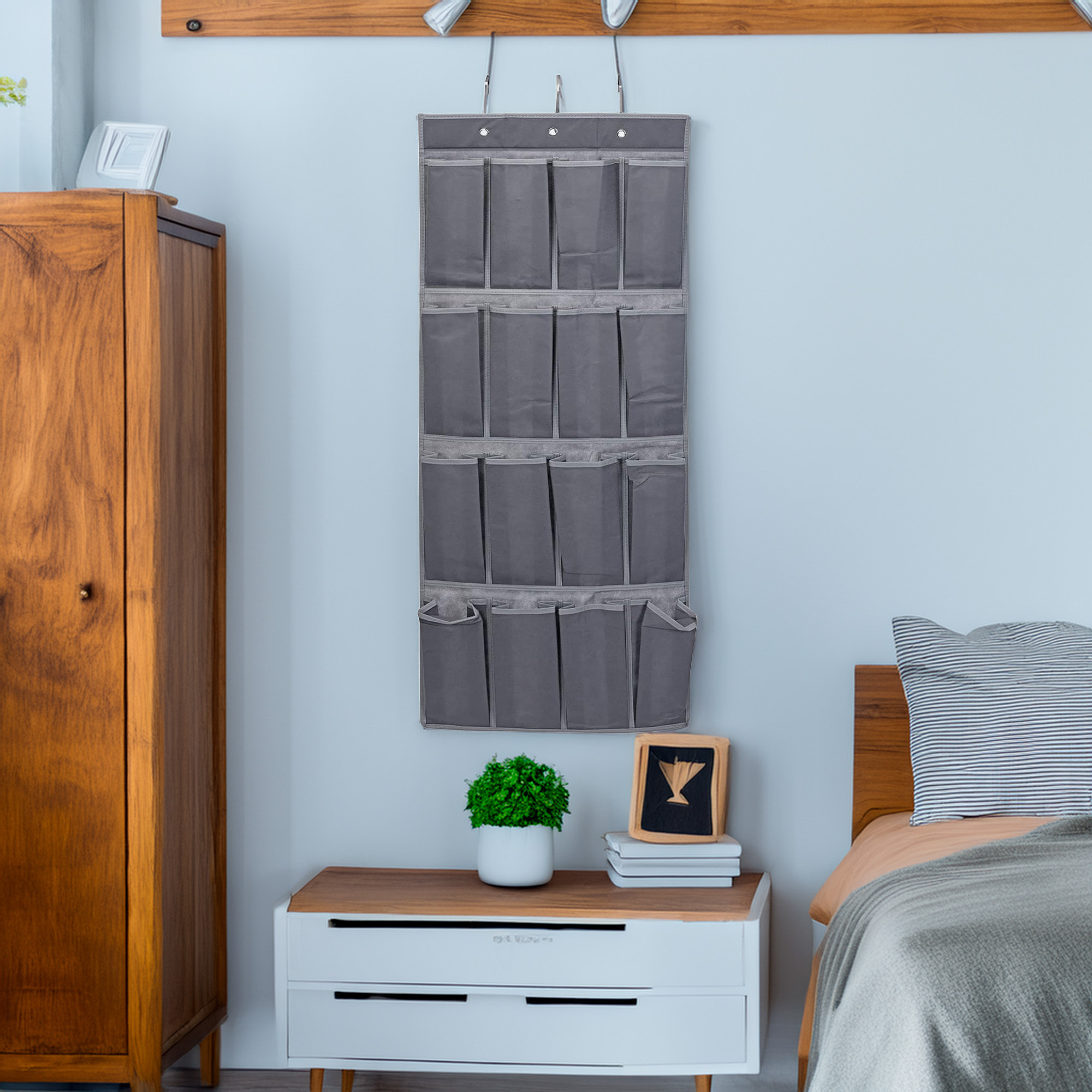 Well home organizador de puertas con 16 casillas y 3 ganchos de metal - gris oscuro