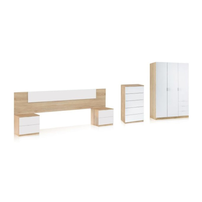 Dormitorio Akari 5C Plus Blanco Artik (Blanco Mate) - Roble Canadian