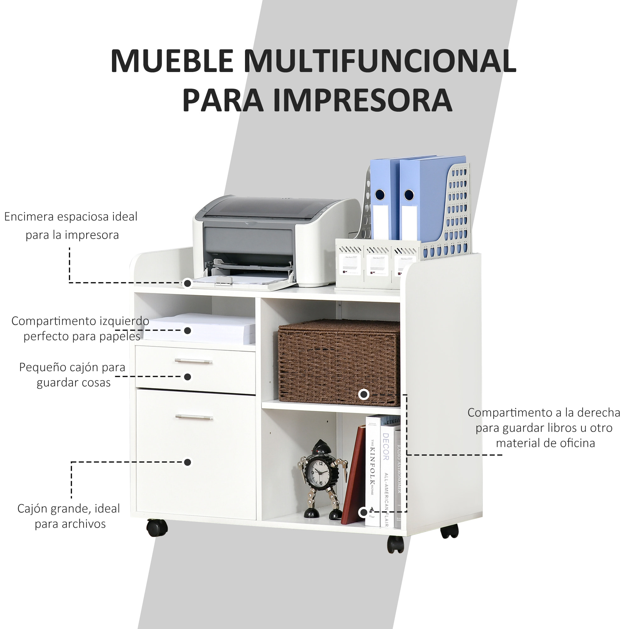 Armario para Impresora Carro Multifuncional de Oficina con 3 Compartimentos 2 Cajones para Archivos Estante Ajustable Ruedas con 2 Frenos 80x40x72 cm Blanco