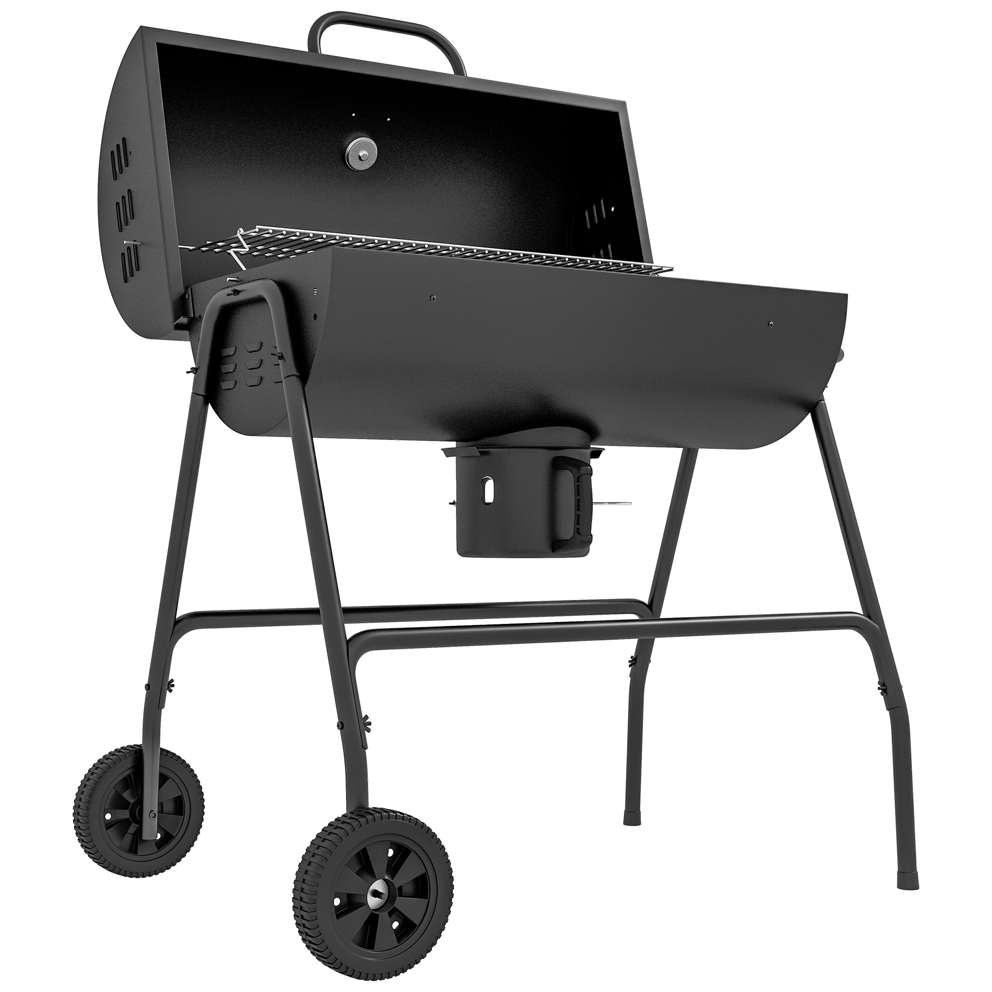 Barbecue à charbon smoker fumoir - 2 grilles, 2 roues, récupérateur cendre, thermomètre - métal noir